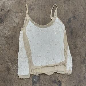 Vintage Distressed Silk Sequin Cami White Beige